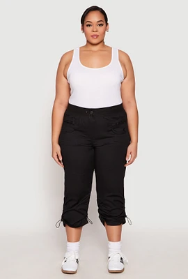 Womens Plus Size Poplin Toggle Drawstring Capri Pants, Black, Size 1X