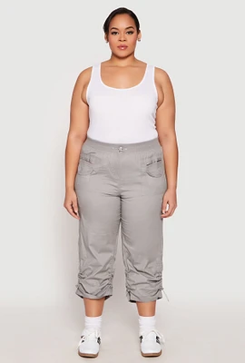 Womens Plus Size Poplin Toggle Drawstring Capri Pants, Grey, Size 3X
