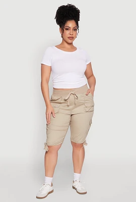 Womens Plus Size Tie Hem Cargo Bermuda Shorts, Khaki, Size 2X