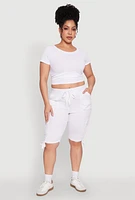 Womens Plus Size Tie Hem Cargo Bermuda Shorts, White, Size 3X