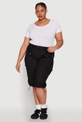 Womens Plus Poplin Toggle Drawstring Cargo Capri Pants,