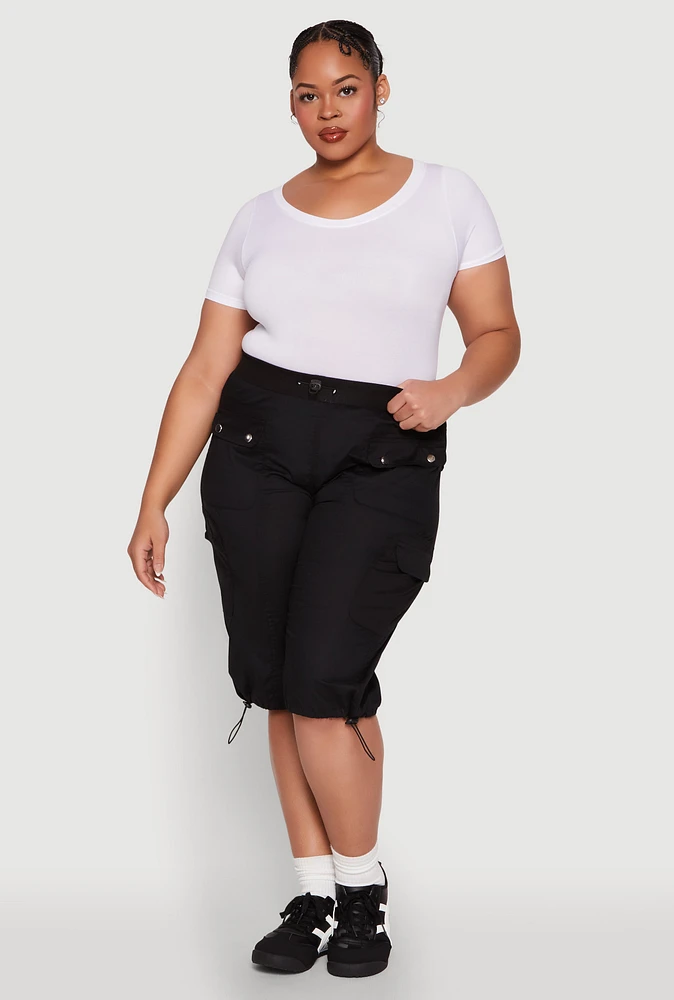 Womens Plus Size Poplin Toggle Drawstring Cargo Capri Pants, Black, Size 3X