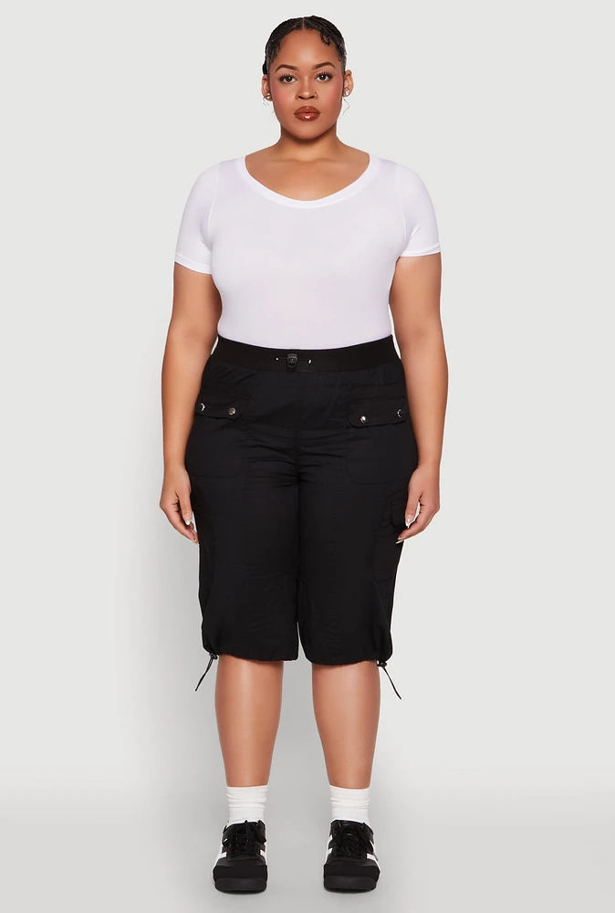 Womens Plus Size Poplin Toggle Drawstring Cargo Capri Pants, Black, Size 3X