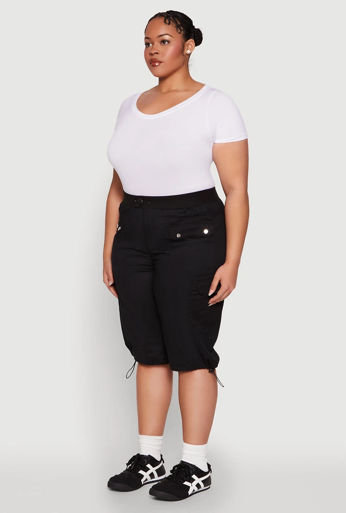 Womens Plus Size Poplin Toggle Drawstring Cargo Capri Pants, Black, Size 3X