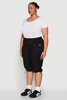 Womens Plus Poplin Toggle Drawstring Cargo Capri Pants,