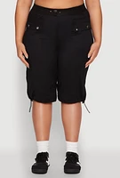 Womens Plus Poplin Toggle Drawstring Cargo Capri Pants,