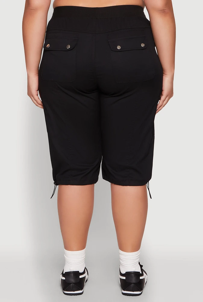 Womens Plus Size Poplin Toggle Drawstring Cargo Capri Pants, Black, Size 3X