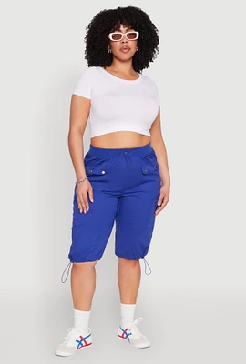 Womens Plus Poplin Toggle Drawstring Cargo Capri Pants,