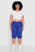 Womens Plus Poplin Toggle Drawstring Cargo Capri Pants,