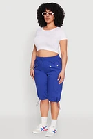 Womens Plus Poplin Toggle Drawstring Cargo Capri Pants,