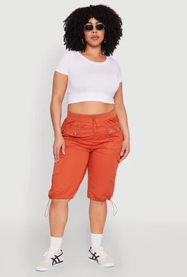 Womens Plus Size Poplin Toggle Drawstring Cargo Capri Pants, Orange, Size 2X