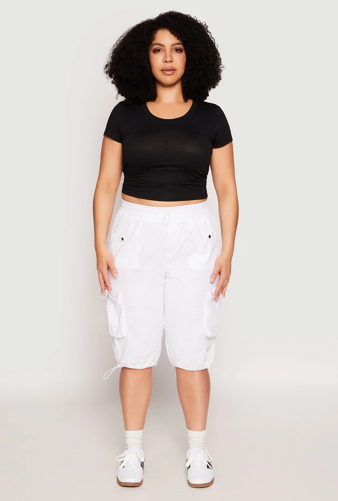 Womens Plus Toggle Drawstring Bermuda Cargo Shorts, White,