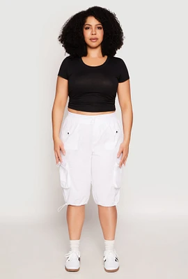 Womens Plus Toggle Drawstring Bermuda Cargo Shorts, White,