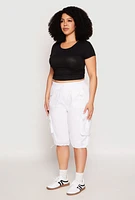 Womens Plus Toggle Drawstring Bermuda Cargo Shorts, White,