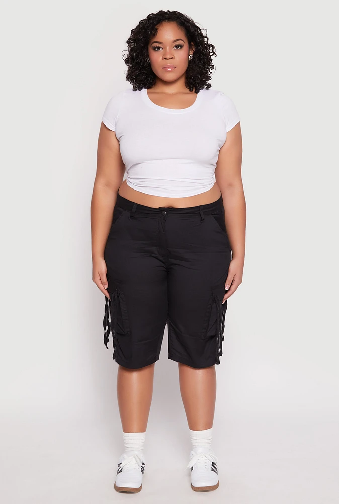Womens Plus Size Tie Cargo Pocket Bermuda Shorts, Black, Size 2X