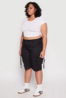 Womens Plus Size Tie Cargo Pocket Bermuda Shorts, Black, Size 2X