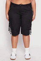 Womens Plus Size Tie Cargo Pocket Bermuda Shorts, Black, Size 2X