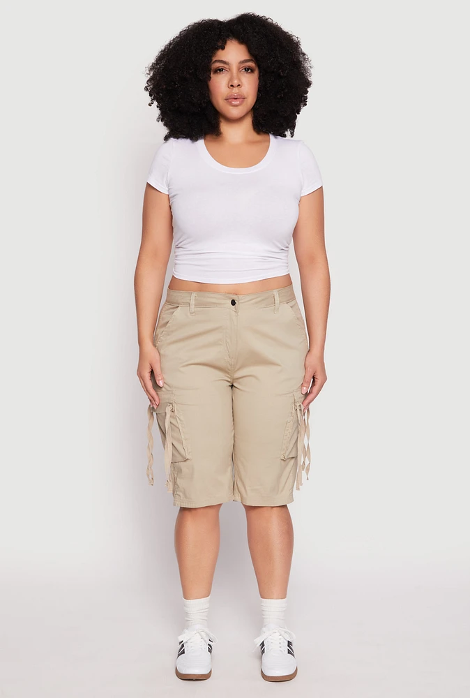 Womens Plus Tie Cargo Pocket Bermuda Shorts, Khaki,