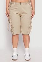 Womens Plus Tie Cargo Pocket Bermuda Shorts, Khaki,