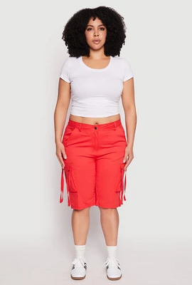 Womens Plus Size Tie Cargo Pocket Bermuda Shorts, Red, Size 3X