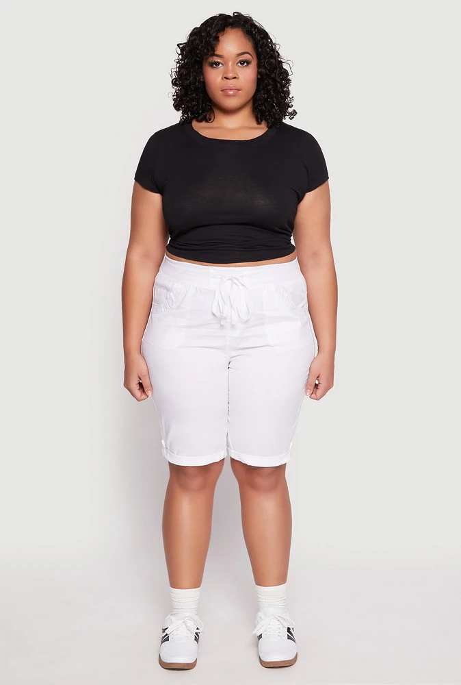 Womens Plus Size Tabbed Cuff Bermuda Shorts, White, Size 3X