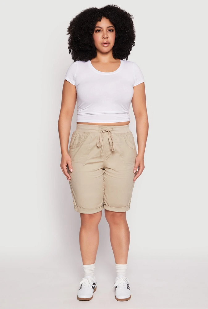 Womens Plus Size Tabbed Cuff Bermuda Shorts, Khaki, Size 3X