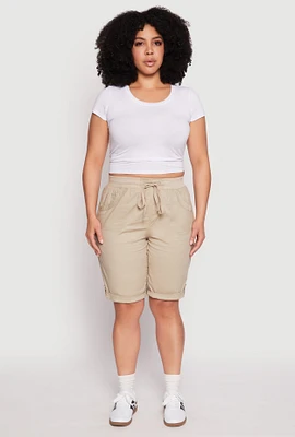 Womens Plus Size Tabbed Cuff Bermuda Shorts, Khaki, Size 2X