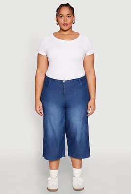 Womens Plus Size Chambray Wide Leg Capri Pants, Blue, Size 1X