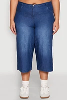 Womens Plus Size Chambray Wide Leg Capri Pants, Blue, Size 1X