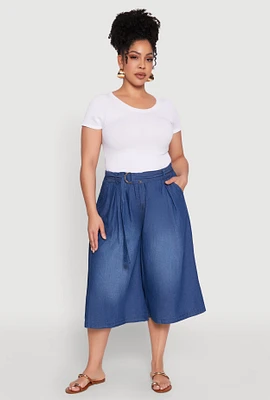 Womens Plus Belted Front Chambray Culottes, Blue,