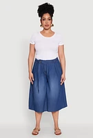 Womens Plus Belted Front Chambray Culottes, Blue,