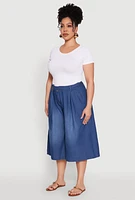 Womens Plus Belted Front Chambray Culottes, Blue,