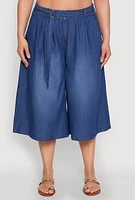 Womens Plus Belted Front Chambray Culottes, Blue,