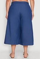 Womens Plus Belted Front Chambray Culottes, Blue,
