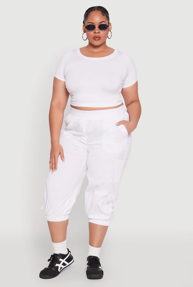 Womens Plus Size Poplin D Ring Cargo Pocket Capri Pants, White, Size 2X
