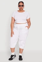 Womens Plus Size Poplin D Ring Cargo Pocket Capri Pants, White, Size 2X