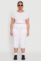 Womens Plus Size Poplin D Ring Cargo Pocket Capri Pants, White, Size 2X