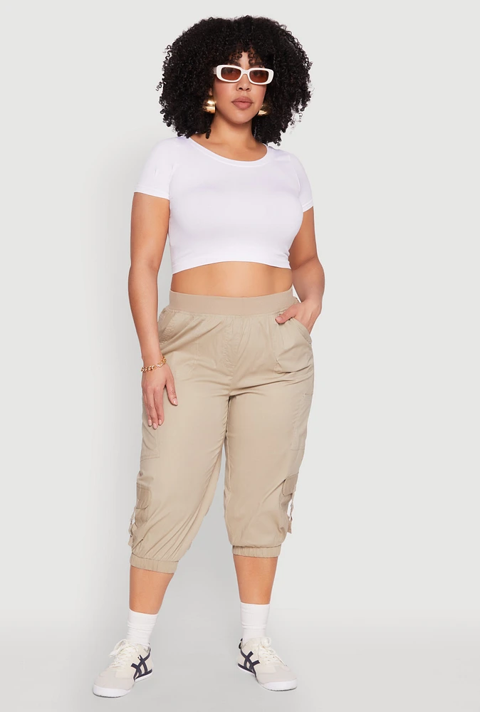 Womens Plus Size Poplin D Ring Cargo Pocket Capri Pants, Khaki, Size 2X
