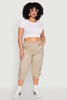 Womens Plus Size Poplin D Ring Cargo Pocket Capri Pants, Khaki, Size 2X