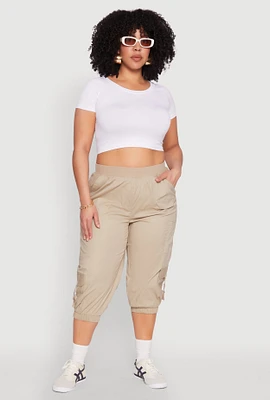 Womens Plus Size Poplin D Ring Cargo Pocket Capri Pants, Khaki, Size 2X
