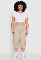 Womens Plus Size Poplin D Ring Cargo Pocket Capri Pants, Khaki, Size 2X