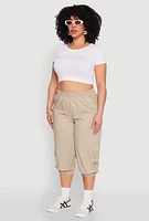 Womens Plus Size Poplin D Ring Cargo Pocket Capri Pants, Khaki, Size 2X