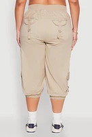Womens Plus Size Poplin D Ring Cargo Pocket Capri Pants, Khaki, Size 2X