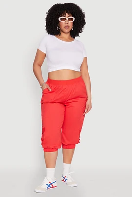 Womens Plus Size Poplin D Ring Cargo Pocket Capri Pants, Red, Size 3X