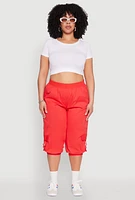 Womens Plus Size Poplin D Ring Cargo Pocket Capri Pants, Red, Size 3X