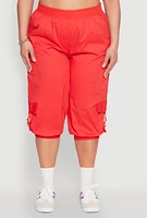Womens Plus Size Poplin D Ring Cargo Pocket Capri Pants, Red, Size 3X