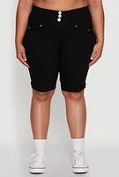 Womens Plus Trendy Snatched High Waist Bermuda Shorts with Faux Buttons, 1X