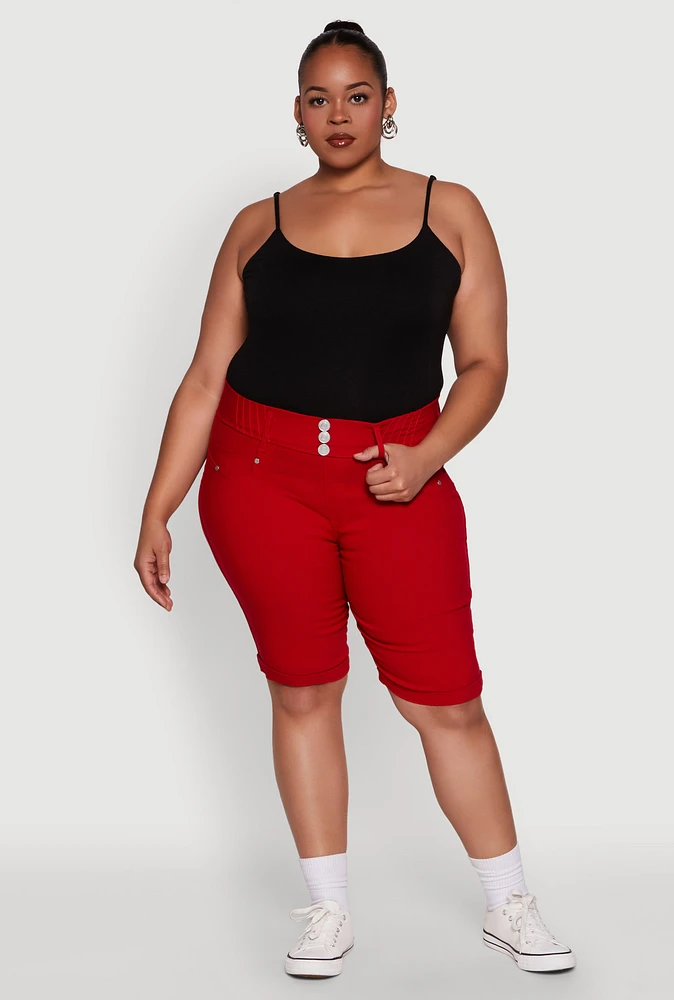 Womens Plus Trendy Snatched High Waist Bermuda Shorts with Faux Buttons,