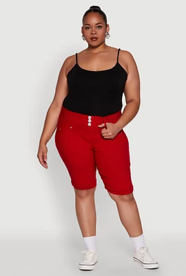 Womens Plus Trendy Snatched High Waist Bermuda Shorts with Faux Buttons,