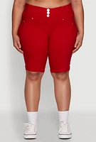 Womens Plus Trendy Snatched High Waist Bermuda Shorts with Faux Buttons,